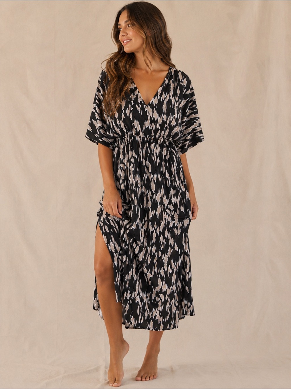 CUPSHE Black Tan Print V Neck Elastic Waist Cover Up Dress